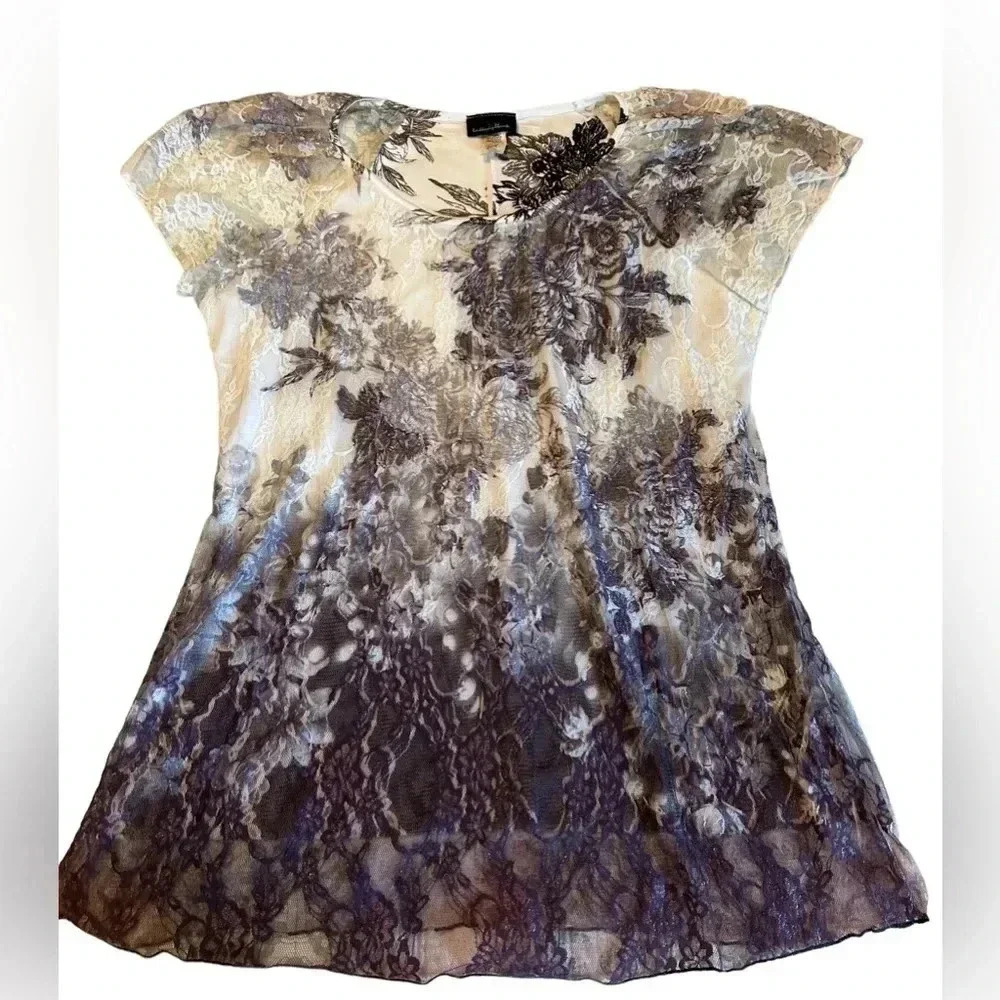 Brittany Black Floral Lace Overlay Top Black White & Gray Cap Sleeves Large Boho